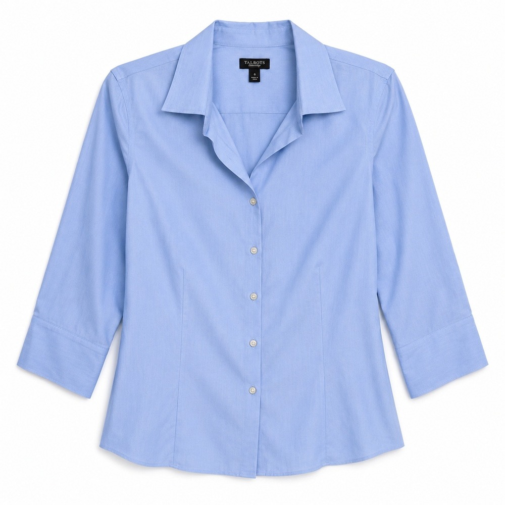 Talbots Sz 6 Blue Wrinkle Resistant 3/4‎ Sleeve Button Down Shirt Preppy Classic